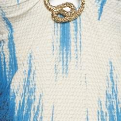 Pre Owned Roberto Cavalli Blue /Ivory Printed Jersey Snake Brooch Detail Top M