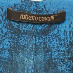 Pre Owned Roberto Cavalli Blue /Ivory Printed Jersey Snake Brooch Detail Top M