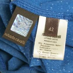 Pre Owned Roberto Cavalli Blue /Ivory Printed Jersey Snake Brooch Detail Top M