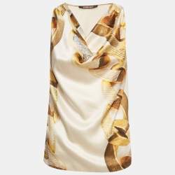 Pre Owned Roberto Cavalli Beige Printed Silk Cowl Neck Sleeveless Blouse S 