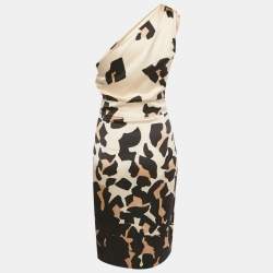 Pre Owned Roberto Cavalli Beige Printed Silk One shoulder Short  Dress S 