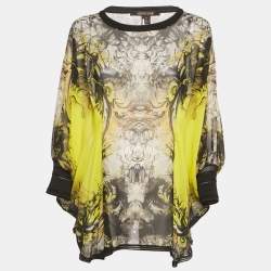 Pre Owned Roberto Cavalli Yellow /Black Printed Silk Tunic Top S 