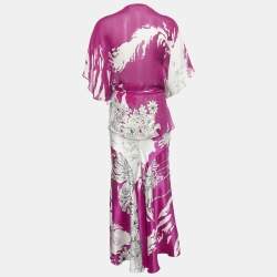 Pre Owned Roberto Cavalli Pink Floral Print Silk Top &Skirt Set M/L