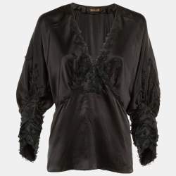Pre Owned Roberto Cavalli Black Silk Floral Applique Detail Blouse M 