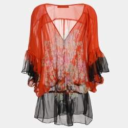 Pre Owned Roberto Cavalli Orange/Black Floral Print Chiffon Tops S