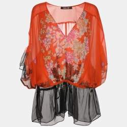 Pre Owned Roberto Cavalli Orange/Black Floral Print Chiffon Tops S