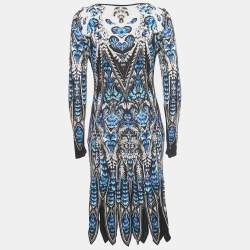 Pre Owned Roberto Cavalli Blue Printed Jersey Long Sleeve Dress M