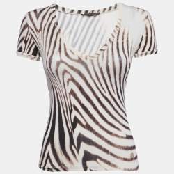 مملوكة مسبقًا Roberto Cavalli Brown Animal Skin Print Jersey V-Neck Top S