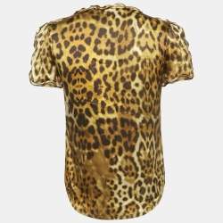 مملوكة مسبقًا بلوزة روبيرتو كافالي حرير مطبوع نقش الفهد أصفر مقاس صغير (سمول)