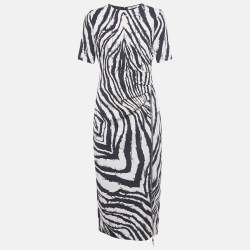 Pre Owned Roberto Cavalli White/Black Printed Crepe Midi Dress M