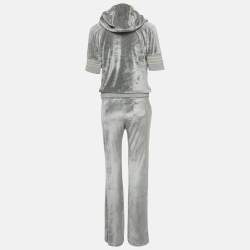 Pre Owned Roberto Cavalli Grey Velvet  Hooded Sweatshirt & Sweatpants L