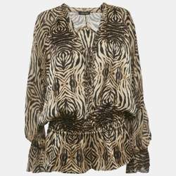 Pre Owned توب روبيرتو كافالي حرير بني بربطة تفاصيل مطبوع بنقشة النمر كبير