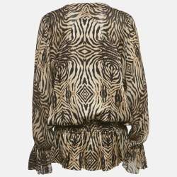 مملوكة مسبقًا توب روبيرتو كافالي حرير بني بربطة تفاصيل مطبوع بنقشة النمر كبير