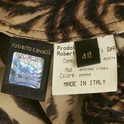 مملوكة مسبقًا توب روبيرتو كافالي حرير بني بربطة تفاصيل مطبوع بنقشة النمر كبير