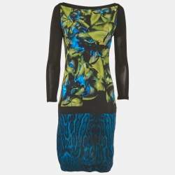 Pre Owned Roberto Cavalli Black/Blue Printed Jersey Mini Dress S