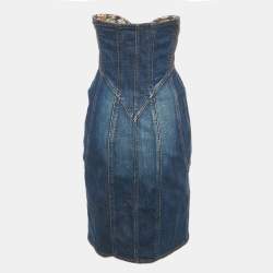 Pre Owned فستان روبرتو كافالي جينز مزين بصديرية أزرق قصير مقاس وسط (ميديوم)