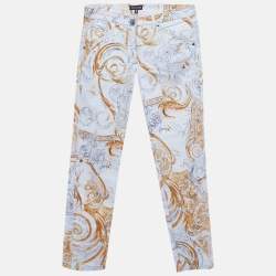 مملوكة مسبقًا Roberto Cavalli White/Yellow Printed Cotton Skinny Jeans XS/Waist 28"