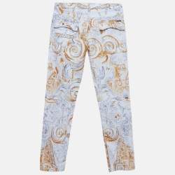 Pre Owned Roberto Cavalli White/Yellow Printed Cotton Skinny Jeans XS/Waist 28"