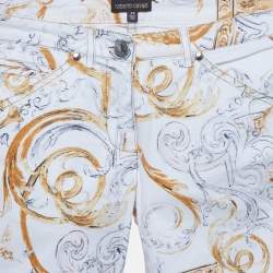 Pre Owned Roberto Cavalli White/Yellow Printed Cotton Skinny Jeans XS/Waist 28"