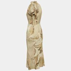 مملوكة مسبقًا فستان روبرتو كافالي بيج بطبعة بيزلي حرير مزين برباط الرقبة مقاس صغير جداً