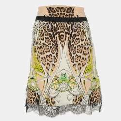 Pre Owned تنورة روبيرتو كافالي ميني دانتيل وكريب مطاطي متعدد الألوان مقاس متوسط