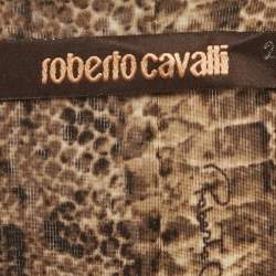 مملوكة مسبقًا فستان ميدي روبرتو كافالي جيرسي مزخرف بطبعة جلد الأفعى بني مقاس كبير (لارج)