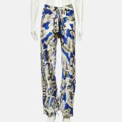 مملوكة مسبقًا بنطلون روبerto كافالي ساتان نمط الريش أزرق واسع الساق مقاس متوسط (ميديوم)