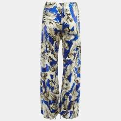 مملوكة مسبقًا بنطلون روبerto كافالي ساتان نمط الريش أزرق واسع الساق مقاس متوسط (ميديوم)