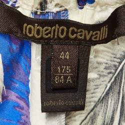 مملوكة مسبقًا بنطلون روبerto كافالي ساتان نمط الريش أزرق واسع الساق مقاس متوسط (ميديوم)