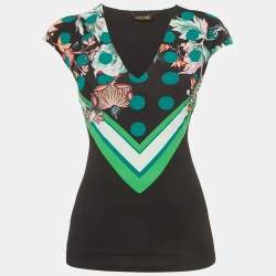 Pre Owned Roberto Cavalli Black Floral Print Jersey Cap Sleeve Top S