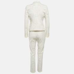 Pre Owned طقم بليزر وبنطال روبرتو كافالي مطبوع عليه بايزلي أبيض باهت صغير