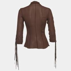 Pre Owned Roberto Cavalli Brown Silk Sheer Fringe Detail Shirt M