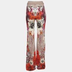 Pre Owned Roberto Cavalli Pink Floral Print Crepe Trousers M