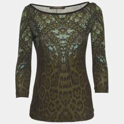 Pre Owned Roberto Cavalli Green Printed Jersey Top M