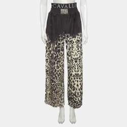 Pre Owned Roberto Cavalli Black/Beige Animal printed velvet Double Waist Pants L