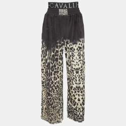 Pre Owned Roberto Cavalli Black/Beige Animal printed velvet Double Waist Pants L