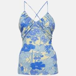 Pre Owned Roberto Cavalli Blue Floral printed Jersey Cross Back Camisole M