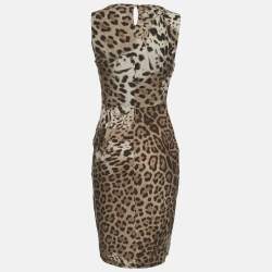 Pre Owned فستان روبرتو كافالي ميدي جيرسية مطبوع نقش حيوانات باللون الرمادي والبيج مقاس وسط (ميديوم)