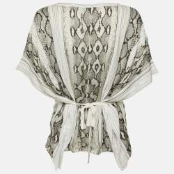 Pre Owned Roberto Cavalli Black & White Printed Silk & Knit Tie Detail Kaftan Top M