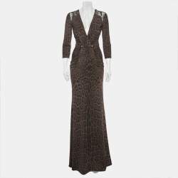 Pre Owned Roberto Cavalli Grey Leopard Print Jersey and Lace Maxi Dress M