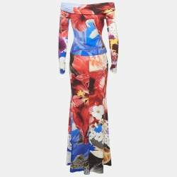 مملوكة مسبقًا فستان روبرتو كافالي جيرسي مورّد مطبوع متعدد الألوان بدون أكتاف متوسط