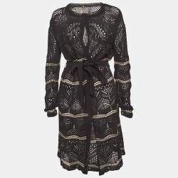 مملوكة مسبقًا Roberto Cavalli Black Pointelle Knit Belted Cardigan L