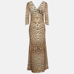 مملوكة مسبقً ا فستان روبيرتو كافالي بيج نقوش حيوانات جيرسي مكشكش ماكسي ميديوم