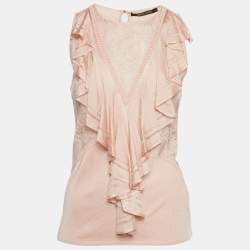 مملوكة مسبقًا Roberto Cavalli Light Peach Stretch Knit Ruffle Crew Neck Top M