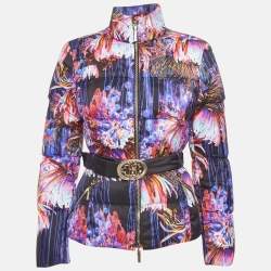 Pre Owned Roberto Cavalli Purple Printed Nylon Down Puffer Jacket S