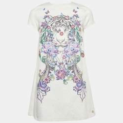 Pre Owned Roberto Cavalli White Tiger and Floral Print Jacquard A-Line Mini Dress XS
