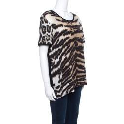 مملوكة مسبقًا توب روبرتو كافالي جيرسيه نقشة الفهد وحرير بأكمام قصيرة L