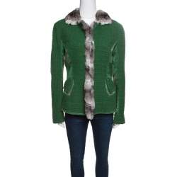 Pre Owned Roberto Cavalli Green Textured Wool Fur Trim Jacket M
