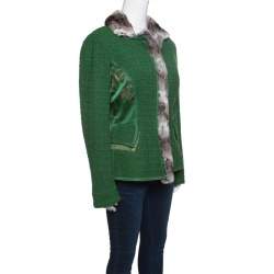 Pre Owned Roberto Cavalli Green Textured Wool Fur Trim Jacket M