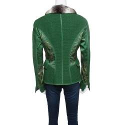 Pre Owned Roberto Cavalli Green Textured Wool Fur Trim Jacket M